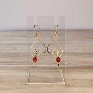 RARE Gold Plated Upside Down Heart and Red Gem Dangle Earrings Fish Hook Back